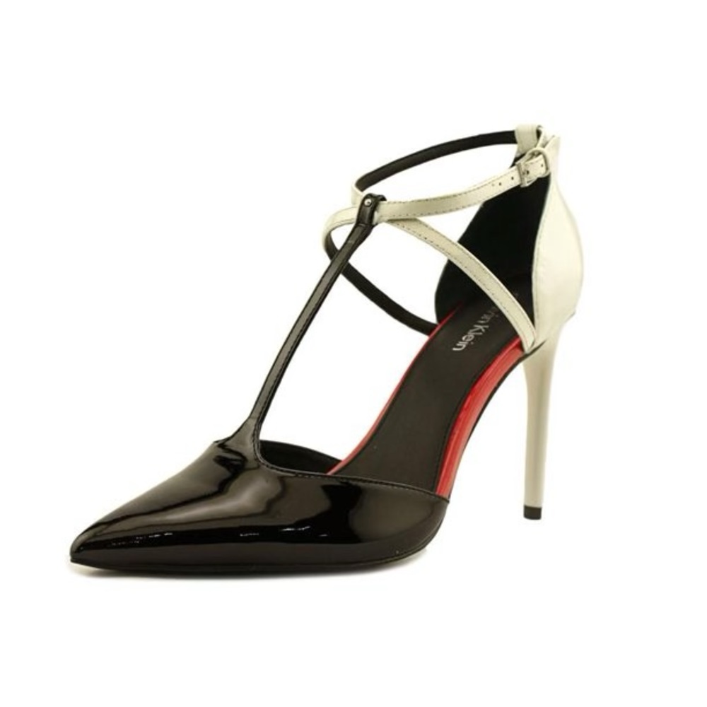 Calvin Klein Savannah Pump Women Pointed Toe Patent Leather Black/Ivory Heels